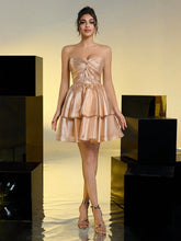 Elegant, Romantic And Cute Champagne Gold Shiny Organza Strapless Tube Top Double Layer Cake Skirt Christmas Party Prom Dress